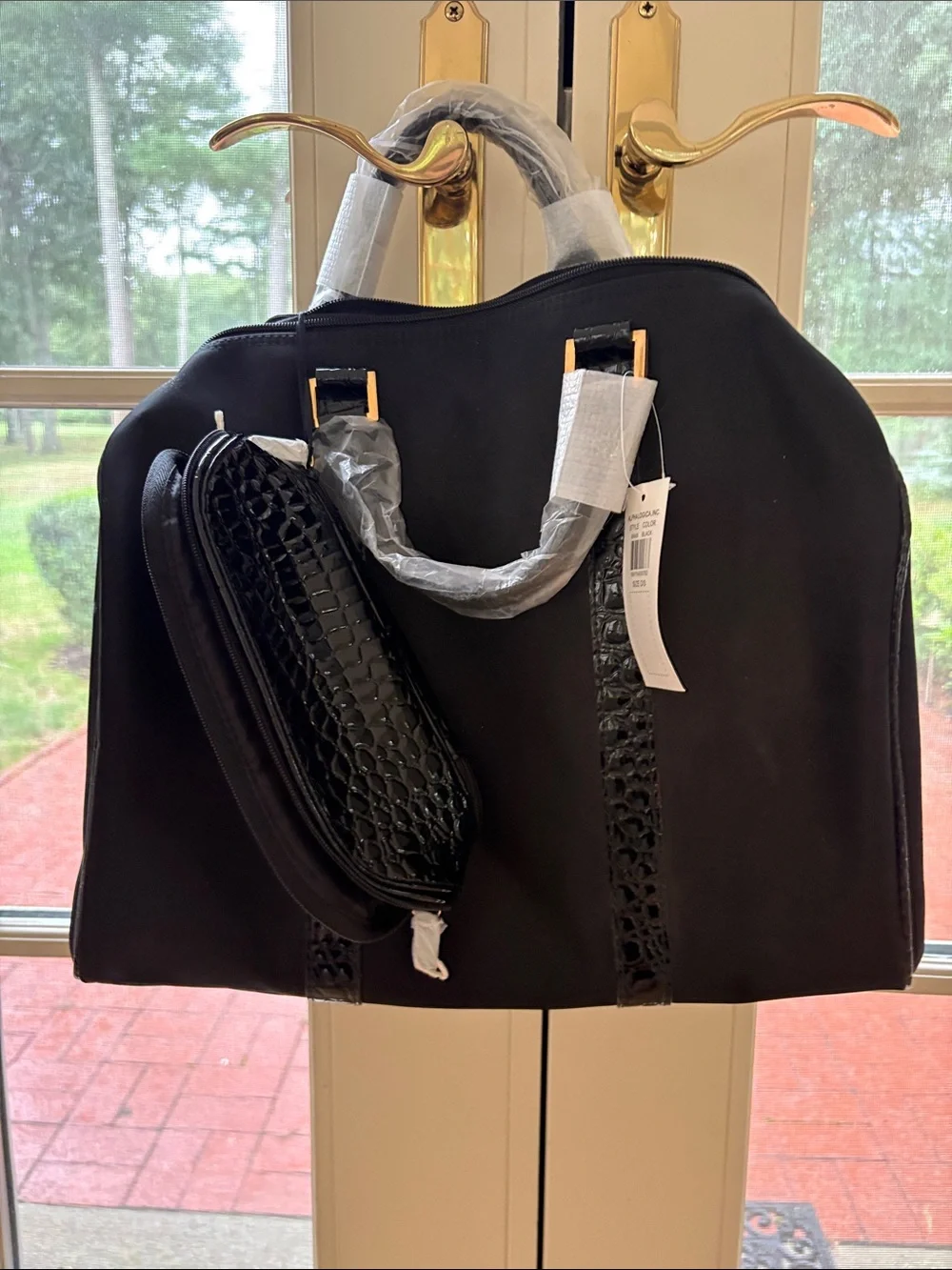 Black Structured Tote with Croc-Texture Straps